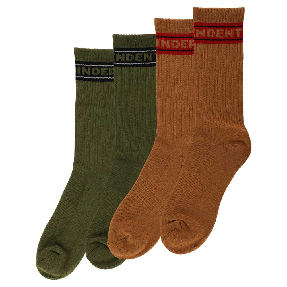 The Bar Logo 2-Pack Crew Socks Sand Army (size 9-11) includes two pairs of men's crew socks by Independent, both with ribbed cuffs and arch support—one olive green with a dark band/logo, the other tan with a red band.