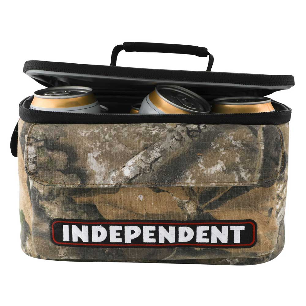 A Bar Logo 5 Liter Independent x Realtree Cooler Unisex, featuring a camo-patterned exterior and an INDEPENDENT patch, is shown with its lid open to reveal several canned beverages inside.