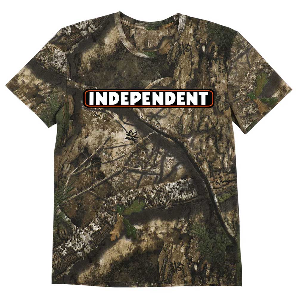 The Bar Logo Realtree APX S/S Midweight T-Shirt Independent Tee features a camouflage pattern and the word INDEPENDENT in bold white letters with black and red outlines across the chest.
