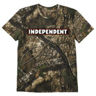 The Bar Logo Realtree APX S/S Midweight T-Shirt Independent Tee features a camouflage pattern and the word INDEPENDENT in bold white letters with black and red outlines across the chest.