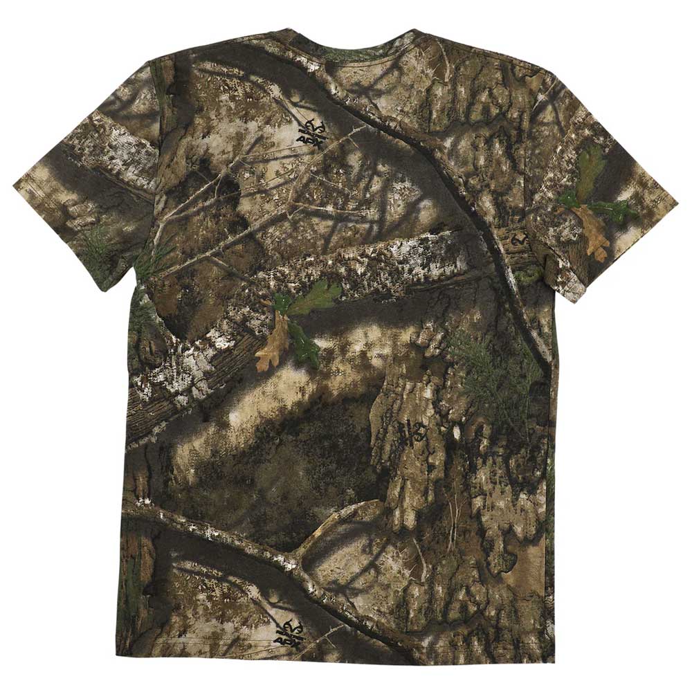 The Bar Logo Realtree APX S/S Midweight T-Shirt Independent Tee features a woodland camouflage pattern with branches, leaves, and earthy tones of green, brown, black, and tan as seen from the back.