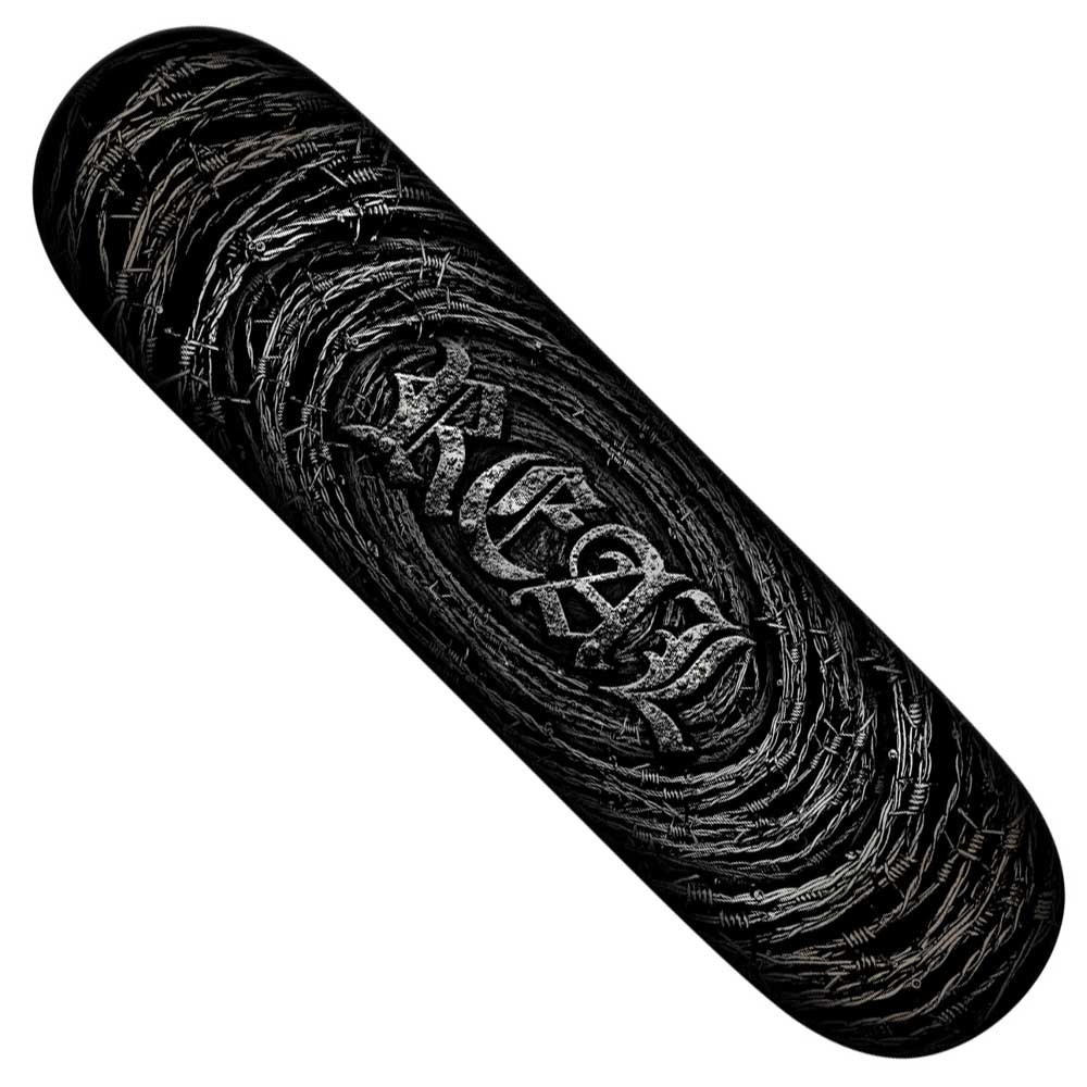 The Team Barbedwire Oval 8.12 Deck from Real Skateboards showcases a striking black design with silver barbed wire spiraling inward in the iconic Barbedwire Oval style, while the word REZN stands out boldly at the center in a heavy metal-inspired font.