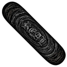 The Team Barbedwire Oval 8.12 Deck from Real Skateboards showcases a striking black design with silver barbed wire spiraling inward in the iconic Barbedwire Oval style, while the word REZN stands out boldly at the center in a heavy metal-inspired font.