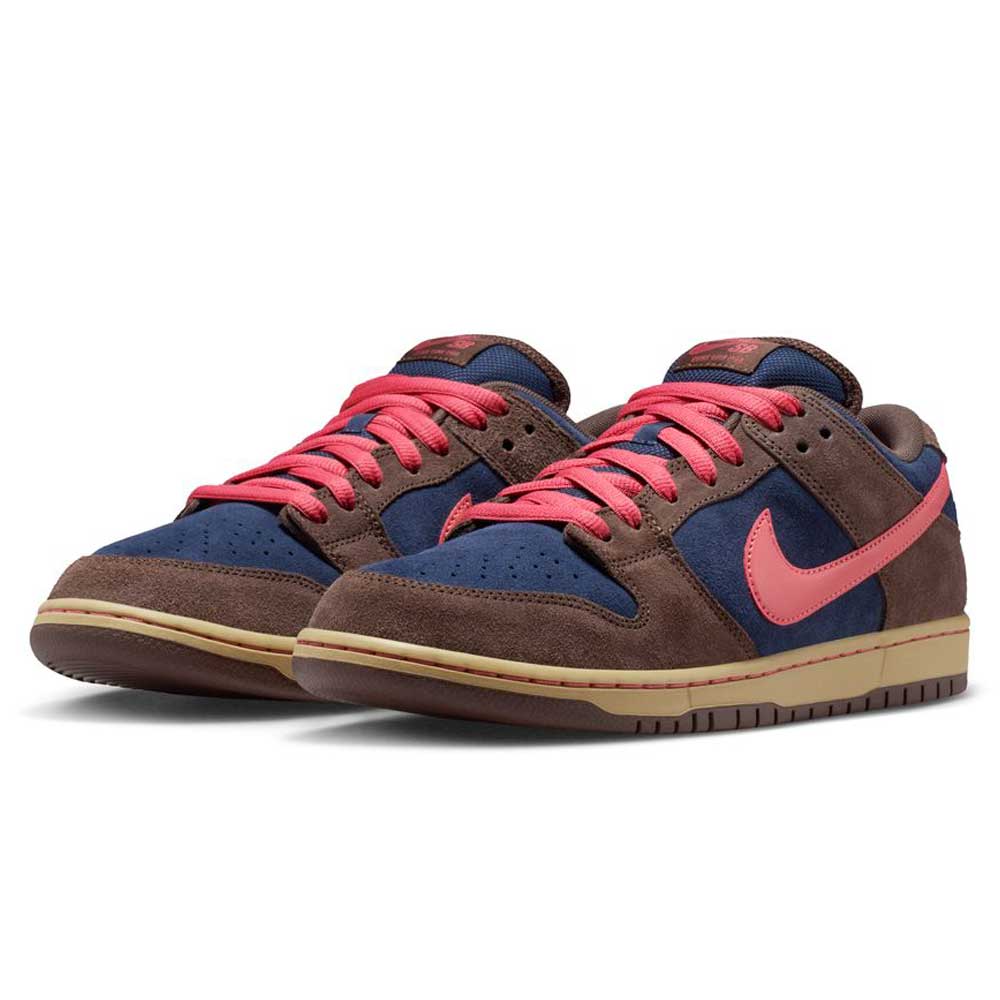 The Baroque Brown Adobe Midnight Navy Dunk Low Pro HQ1625200 Nike SB Suede Shoes feature brown suede overlays, navy panels, pink laces and swoosh, with a beige and brown rubber sole.