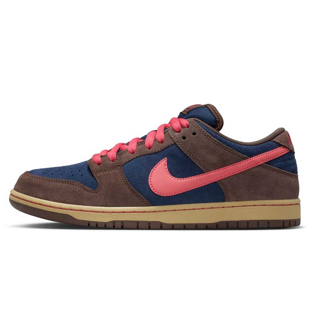 The Baroque Brown Adobe Midnight Navy Dunk Low Pro HQ1625200 Nike SB Suede Shoes feature brown suede panels, navy blue sections, a pink swoosh, pink laces, and a light brown rubber sole.