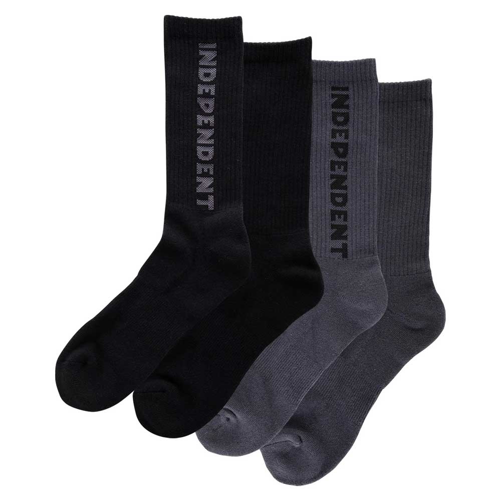 The Baseline 2-Pack Crew Socks in Black and Charcoal (Men's 9-11) by Independent includes two pairs featuring bold vertical branding and arch support ribbing—ideal for fans of Independent Trucks.