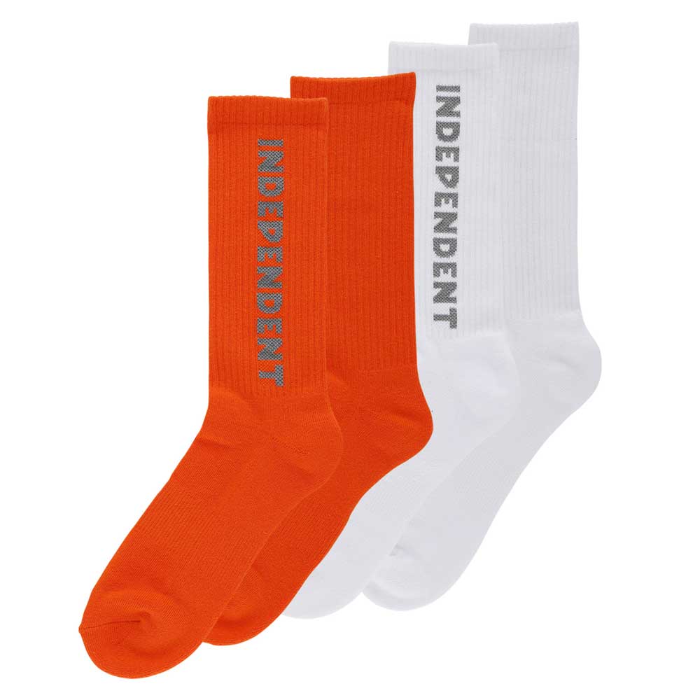 The Baseline 2-Pack Crew Socks by Independent feature two orange and two white pairs, each with reflective "INDEPENDENT" text and arch support ribbing. Sized 9-11, these men's crew socks are displayed side by side.