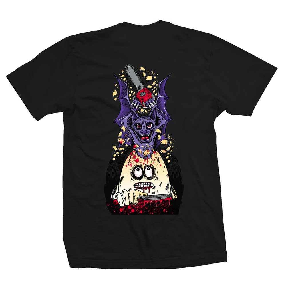 The Bat Egg Black Heroin Skateboards Tee features a colorful, horror-themed comic graphic of the iconic Bat Egg cartoon bat wielding a chainsaw above a terrified person, with bold splatters of blood and debris. Perfect for fans of eye-catching designs and Heroin Skateboards’ signature style.