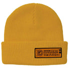 The Beanie Hecho Por Skateboarding Cuff Yellow from Anti Hero Skateboards is a yellow knit beanie featuring a black rectangular patch with care instructions, branding, and the text “ANTHERO” and “DO NOT WASH HECHO POR SKATEBOARDING,” embodying the bold spirit of Anti Hero Skateboards.