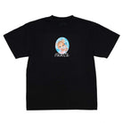 The Bear Tee Black April Skateboards T-Shirt is a black heavyweight 100% cotton tee with a pastel baby face oval graphic on the chest and stylized white text below the image. Designed for comfort and durability.