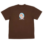 The Bear Tee Brown April Skateboards T-Shirt is a heavyweight brown cotton tee with a central graphic of a vintage cartoon baby featuring blue accents above bold white stylized text.