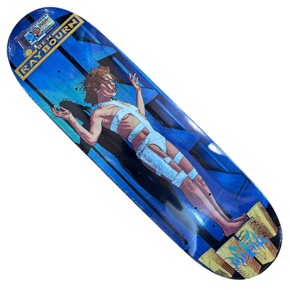 The Ben Raybourn Multi Pass 8.75 Metal Skateboards Deck features artwork of a bandaged figure floating before an angular blue background, with Ben Raybourn’s name displayed at the top.