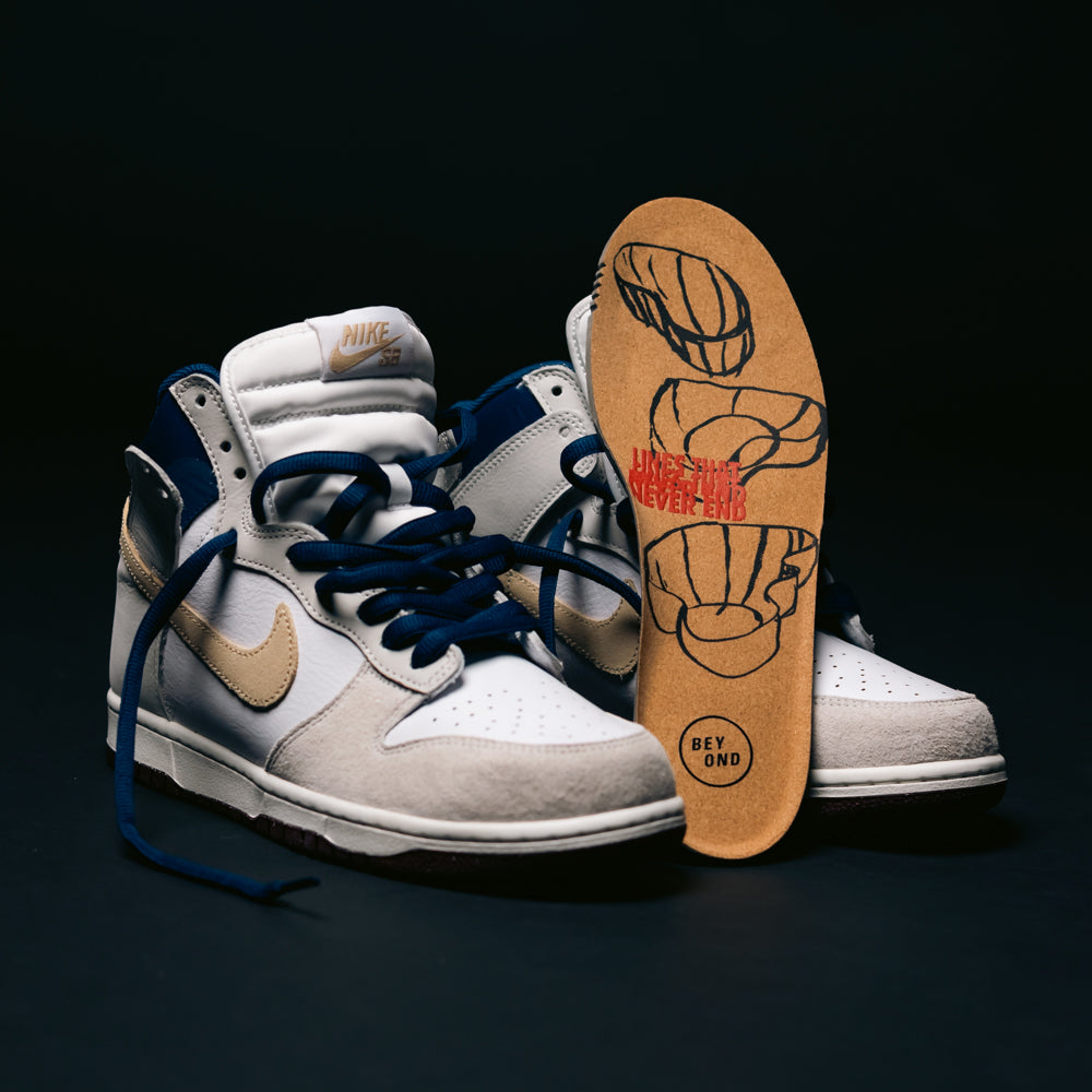 A pair of Nike SB Dunk High Pro x Beyond Ivory Sand Blue Void skateboarding shoes (style IU4491100), featuring white, beige, and navy colors. One shoe showcases a custom insole with graphics and the phrase “Nike SB Never Ends.”.