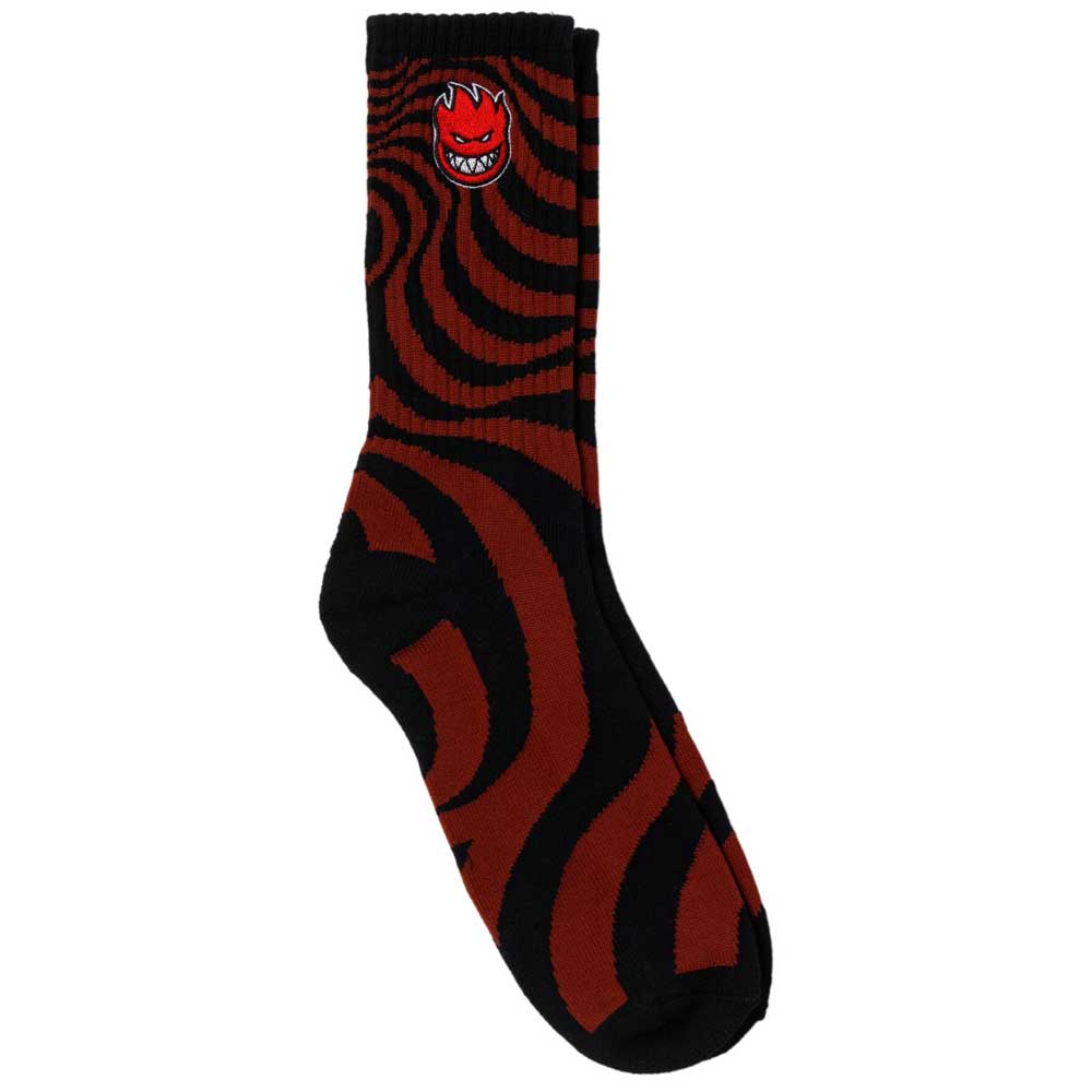 The Big Head Fill EMB Swirl Dark Red Sock from Spitfire Wheels features a swirling black and red pattern with the iconic Spitfire Wheels Big Head logo—a red cartoon face with a mischievous grin—embroidered near the top.