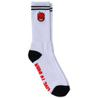 The Big Head Fill White Black Red Sock from Spitfire Wheels features a white base with black toe and heel, two black stripes at the top, a red grinning flame head graphic inspired by Spitfire's iconic Big Head logo near the cuff, and red "LIVE TO BURN" text on the sole.