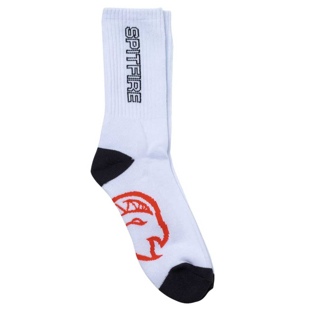 Big Head Fill White Red Black 3 Pack Sock Spitfire Wheels featuring white crew socks with a black heel and toe, a black vertical Spitfire Wheels logo on the calf, and a red Big Head graphic near the ankle.