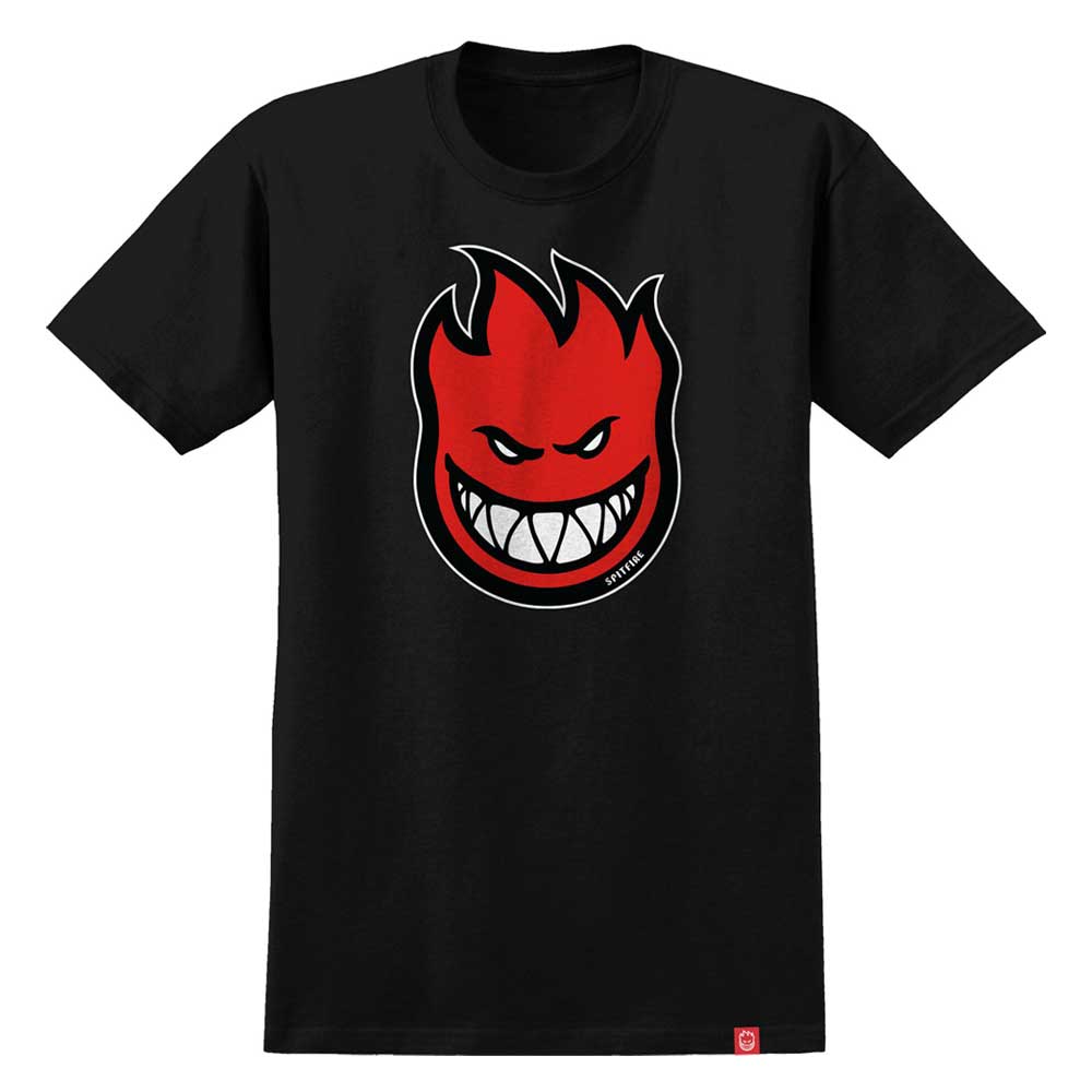 Big Head Fill YOUTH Tee Black Red Spitfire Wheels features a bold red flame graphic with an evil smile and sharp white teeth at the center front, set against a classic black background.