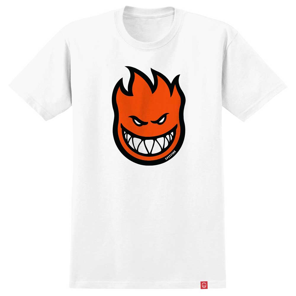 White Big Head Fill YOUTH Tee White Orange Spitfire Wheels featuring a large orange and black flaming skull logo on the chest.
