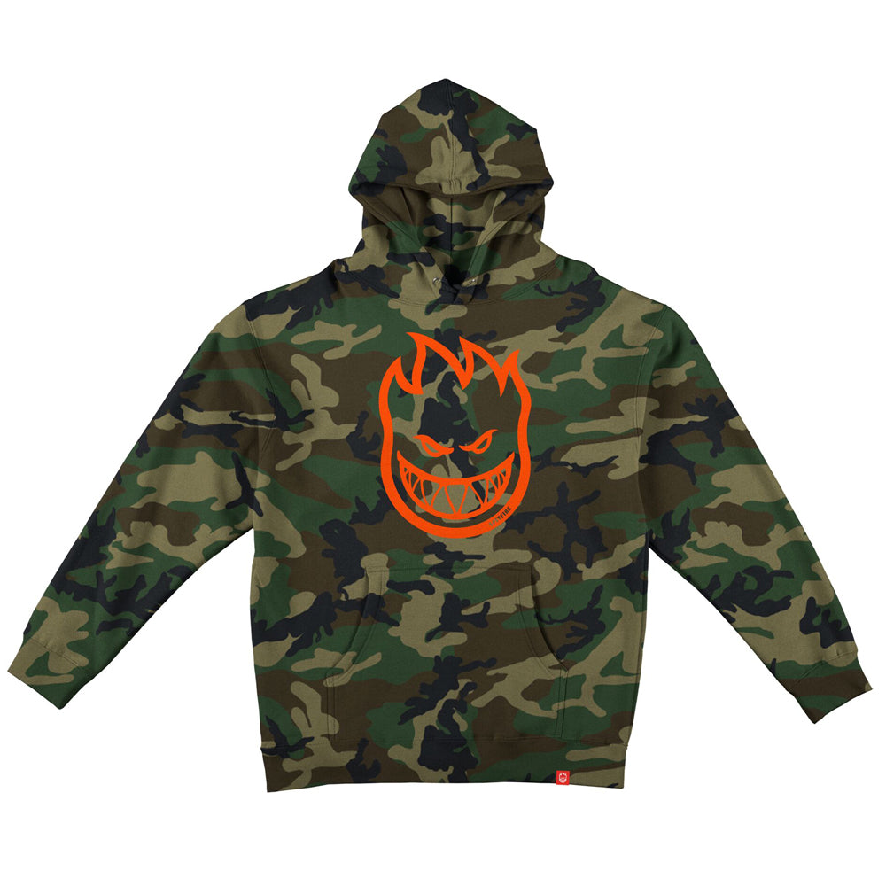 Big Head Pullover Forest Camo YOUTH Hoodie Spitfire Wheels Sweatshirt featuring a large orange graphic of a flaming skull on the chest.