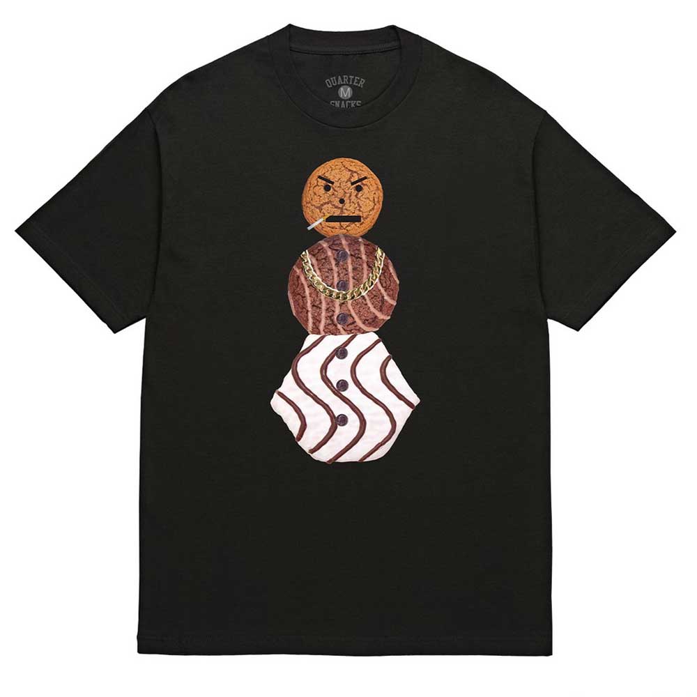 The Big Snackman Tee Quartersnacks Black is a tee with three cookie graphics stacked like a snowman—great for bringing playful style to your healthy fit lineup.