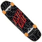 The Big Strip Barbwire 8.4in x 29.4in Street Cruzer Santa Cruz Complete Skateboard features a black deck with a barbed wire pattern, bold red Santa Cruz text diagonally across the center, and vibrant orange wheels.