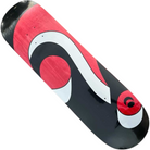 The Big Logo Deck 8x31.5 by Daze Skateboards features bold black, white, and red abstract shapes on a red background, inspired by Texas. Made from premium wood with a medium steep concave, it's shown isolated on a white backdrop.