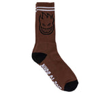 The Bighead Dark Red Black White Sock by Spitfire Wheels features a brown body, black toe and heel, a black grinning flame face logo, two white stripes at the top, and "Dark Red Black White" text partially visible on the sole.