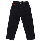 The Bighead Fill Denim Pant Black Spitfire Wheels is a pair of relaxed-fit black denim pants with side pockets and a small red Spitfire Wheels flame logo embroidered near the left pocket.