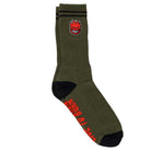 The Bighead Fill EMB Olive Black Red Sock from Spitfire Wheels features a black heel and toe, the iconic Bighead Fill flame face near the top, bold red text on the sole, and two black stripes around the upper cuff for a classic look.