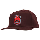 The Bighead Fill Hat Dark Red Red Snapback by Spitfire Wheels features an embroidered red cartoon flame with a mischievous, toothy grin on the front.