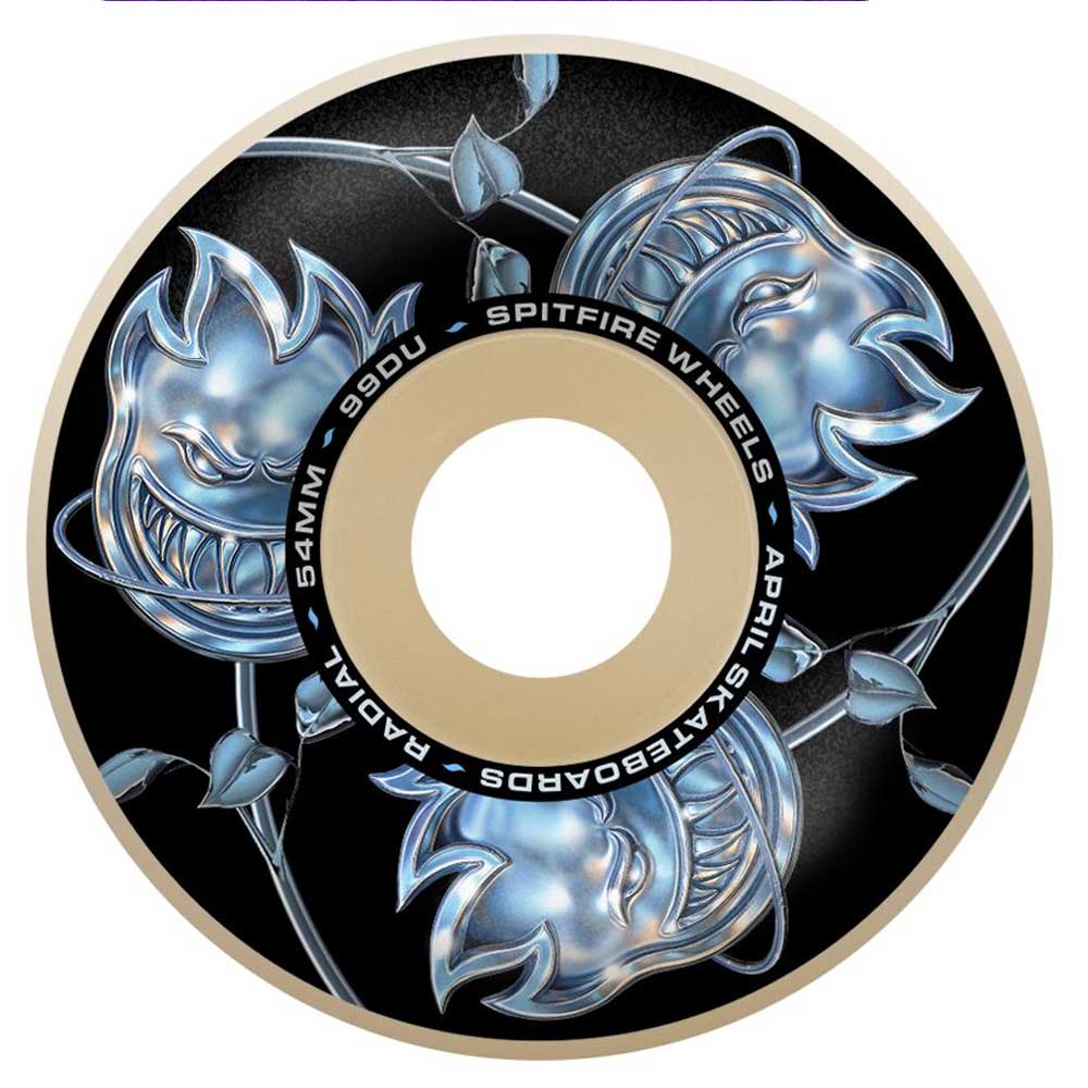 A skateboard wheel featuring three metallic blue flame-face logos with thorny stems on a black background. Text reads: BIGHEAD ROSE RADIAL 54MM 99A SPITFIRE WHEELS, making these Bighead Rose Radial 54mm99A Spitfire Wheels Skateboard the perfect choice for skaters seeking high-performance 54mm 99A skateboarding wheels.