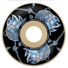 A skateboard wheel featuring three metallic blue flame-face logos with thorny stems on a black background. Text reads: BIGHEAD ROSE RADIAL 54MM 99A SPITFIRE WHEELS, making these Bighead Rose Radial 54mm99A Spitfire Wheels Skateboard the perfect choice for skaters seeking high-performance 54mm 99A skateboarding wheels.