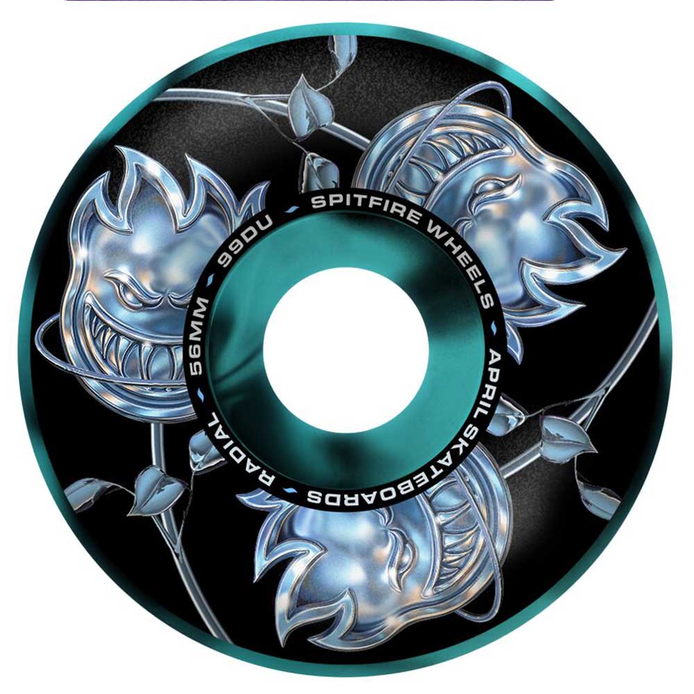 Featuring metallic blue, smiling flame faces and thorny vines on a black background, the Bighead Rose Swirl Radial 54mm99A Spitfire Wheels Skateboard displays the text SPITFIRE WHEELS, APRIL SKATEBOARDS, 54MM, and 99A along its edge. Inspired by Spitfire Wheels' iconic Bighead Rose Swirl design, this wheel brings bold energy to every session.