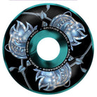 Featuring metallic blue, smiling flame faces and thorny vines on a black background, the Bighead Rose Swirl Radial 54mm99A Spitfire Wheels Skateboard displays the text SPITFIRE WHEELS, APRIL SKATEBOARDS, 54MM, and 99A along its edge. Inspired by Spitfire Wheels' iconic Bighead Rose Swirl design, this wheel brings bold energy to every session.