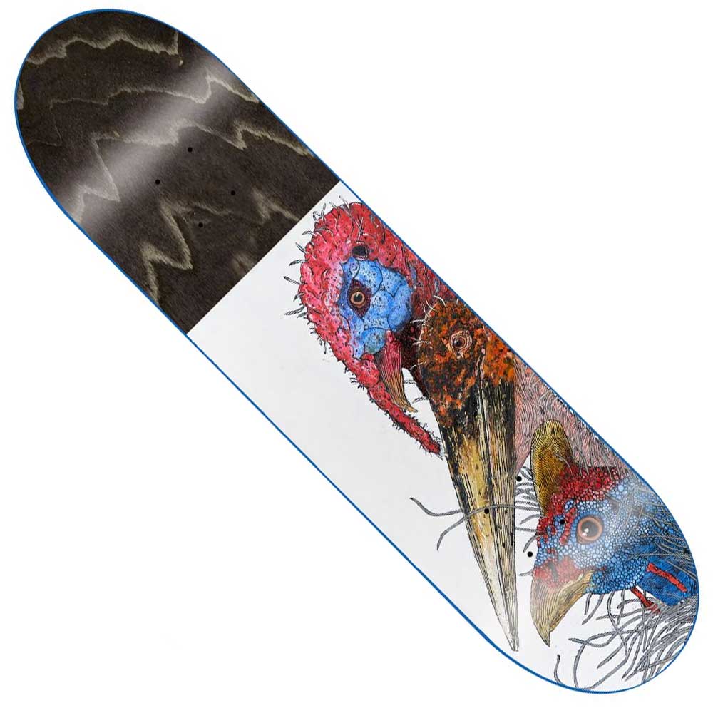 The Birds 8.5x32.12 GX1000 Deck Skateboard is a 100% wood deck featuring three colorful, abstract birds with detailed feathers on a white background and a black, wood grain patterned top half.