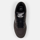 Top view of the Black Cement 480 CSS New Balance Numeric suede skateboarding shoe, featuring white and silver accents, black laces, “NB 480” on the tongue, visible stitching, and a perforated toe box inspired by heritage basketball styles.