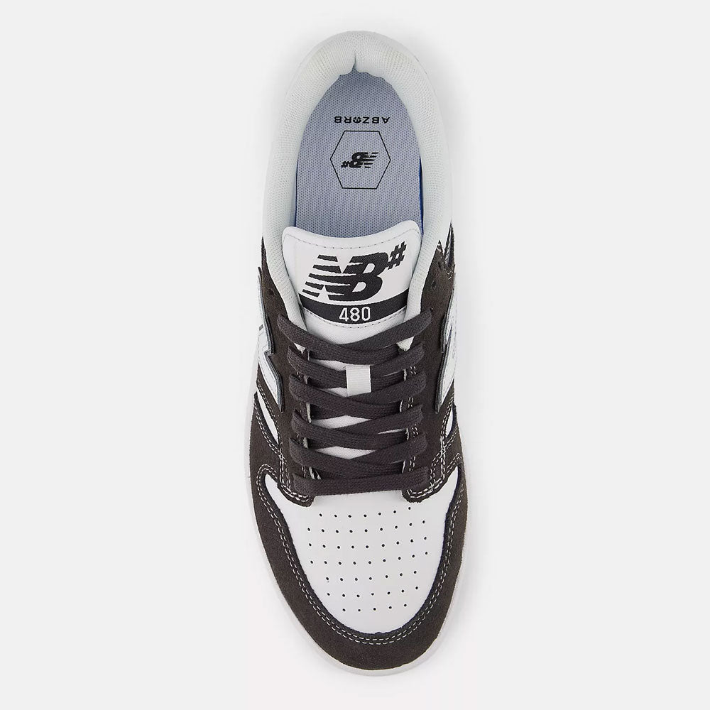 Top view of the Black Cement White 480 BAB New Balance Numeric Suede Skateboarding Shoes, with black laces, a perforated white toe box, lightweight suede accents, and the NB 480 logo on the tongue.