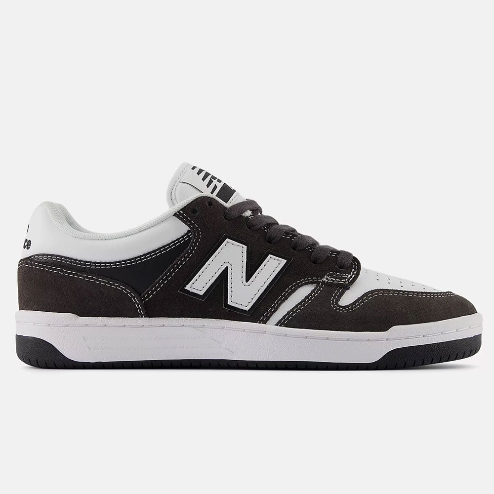 The Black Cement White 480 BAB New Balance Numeric Suede Skateboarding Shoes feature lightweight suede, a white N logo, white midsole, black outsole, and black laces, shown in a side profile on a plain white background.