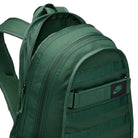 Close-up of the Black Fir FD7544323 Nike SB RPM Skate Backpack, featuring multiple zippered compartments and a front Nike logo patch, designed as a water-resistant backpack ideal for skateboard enthusiasts.