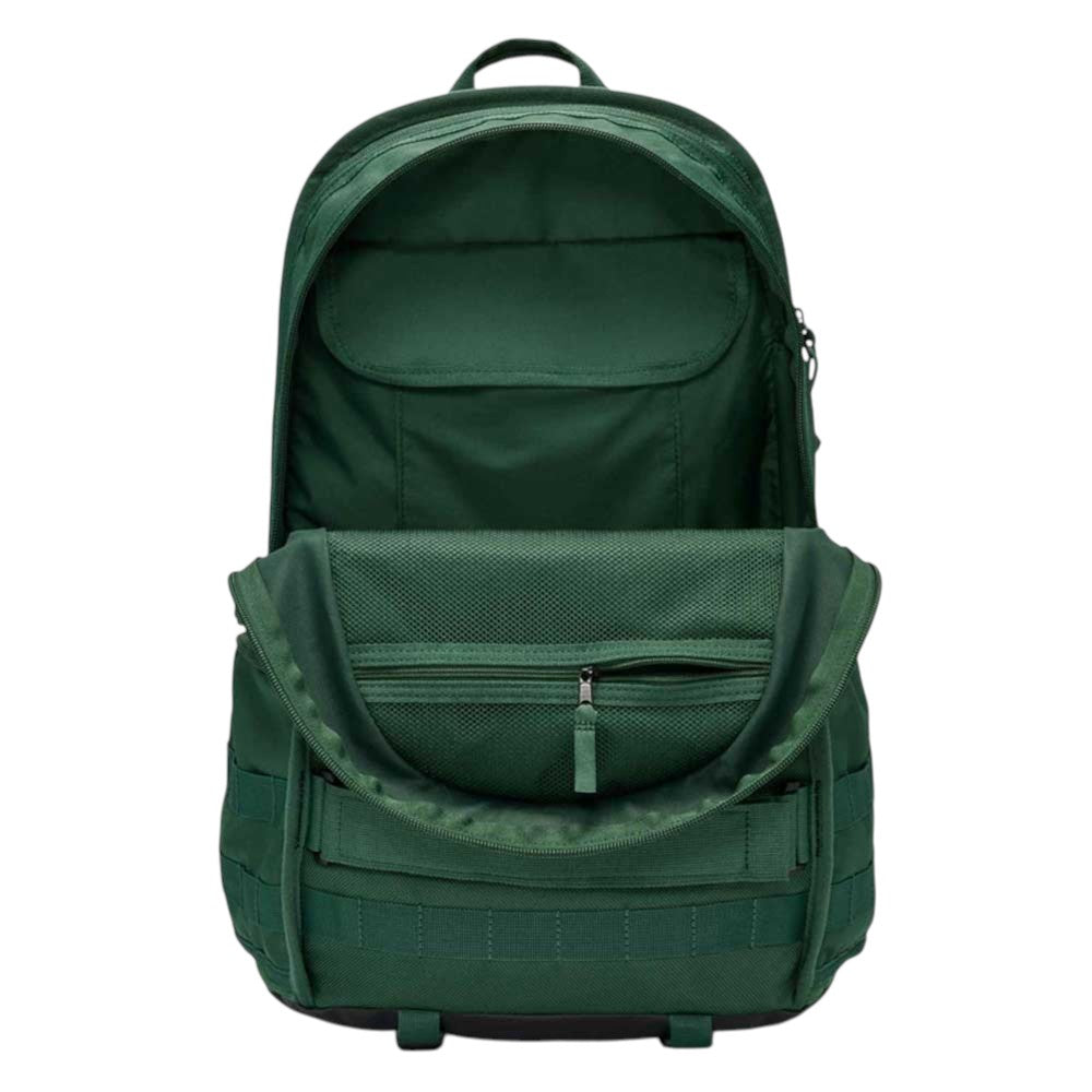 The Black Fir FD7544323 Nike SB RPM Skate Backpack is shown open in black, highlighting its spacious main compartment, an inner zippered pocket, and mesh organizer sections inside the front flap.