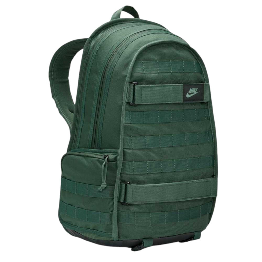A Black Fir FD7544323 Nike SB RPM Skate Backpack with multiple zippered compartments, webbed straps on the front and side, a small Nike logo patch, water-resistant material, padded shoulder straps, and a convenient carrying handle on top.