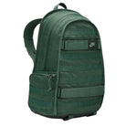 A Black Fir FD7544323 Nike SB RPM Skate Backpack with multiple zippered compartments, webbed straps on the front and side, a small Nike logo patch, water-resistant material, padded shoulder straps, and a convenient carrying handle on top.