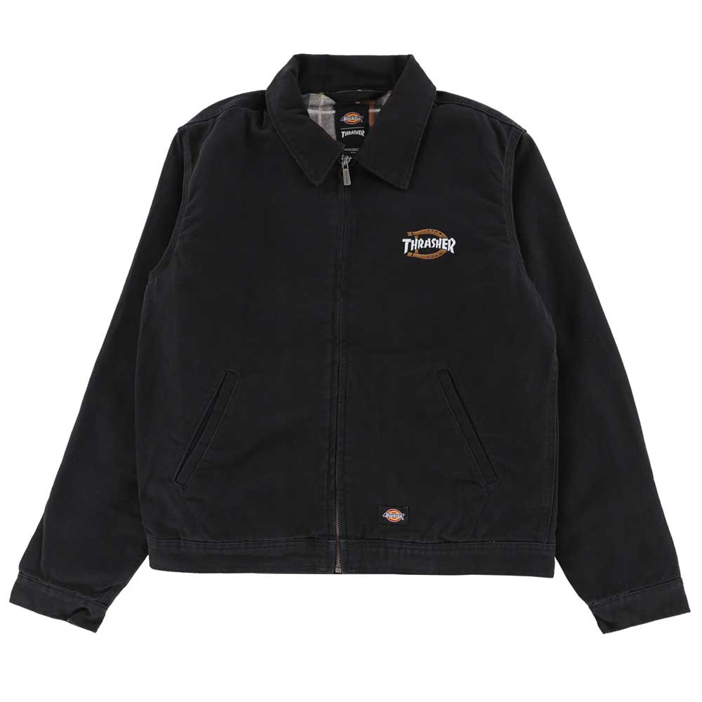 The Black Jacket Thrasher Magazine x Dickies Skateboarding A88CE BLK features a zip-up design with collar, small embroidered “Thrasher” logo on left chest, “Dickies” patch at hem, adjustable cuffs, and two angled front pockets.