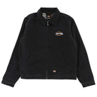 The Black Jacket Thrasher Magazine x Dickies Skateboarding A88CE BLK features a zip-up design with collar, small embroidered “Thrasher” logo on left chest, “Dickies” patch at hem, adjustable cuffs, and two angled front pockets.