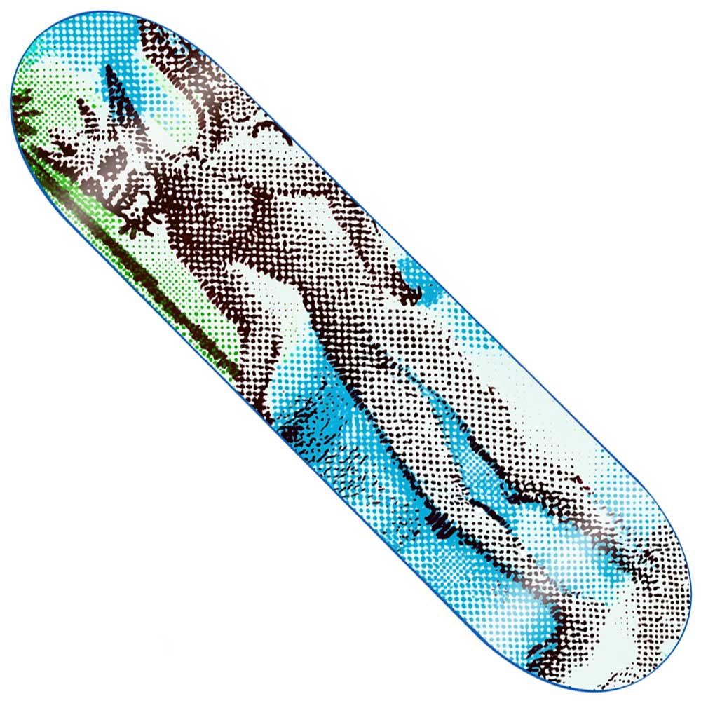 The Black Magic 8.375x32.25 GX1000 Deck Skateboard showcases a dotted, comic-style illustration of a standing figure with raised arms on a gradient blue and green background, delivering eye-catching design and dependable performance for every session.