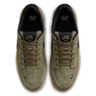 Top view of Black Medium Olive IQ8398200 Force 58 Nike SB Suede Skateboarding Shoes featuring black interiors, tan outsoles, and Nike logos on the tongues and insoles; a blend of basketball DNA and skate-ready design.