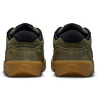 A pair of Black Medium Olive IQ8398200 Force 58 Nike SB Suede Skateboarding Shoes, viewed from the back, with suede details, brown rubber soles, and embossed Nike SB logos—durable cupsole skate shoes blending subtle basketball DNA.