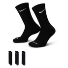 A pair of Black Nike SB Socks Crew (3 Pack SX6888010) with white swoosh logos is displayed upright, while three more pairs of these sweat-wicking crew socks are shown folded and stacked below.
