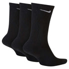 Three pairs of Black Nike SB Socks Crew 3 Pack SX6888010, featuring ribbed texture, white Nike swoosh near the top, and Dri-FIT technology. The socks are arranged side by side, facing to the right.