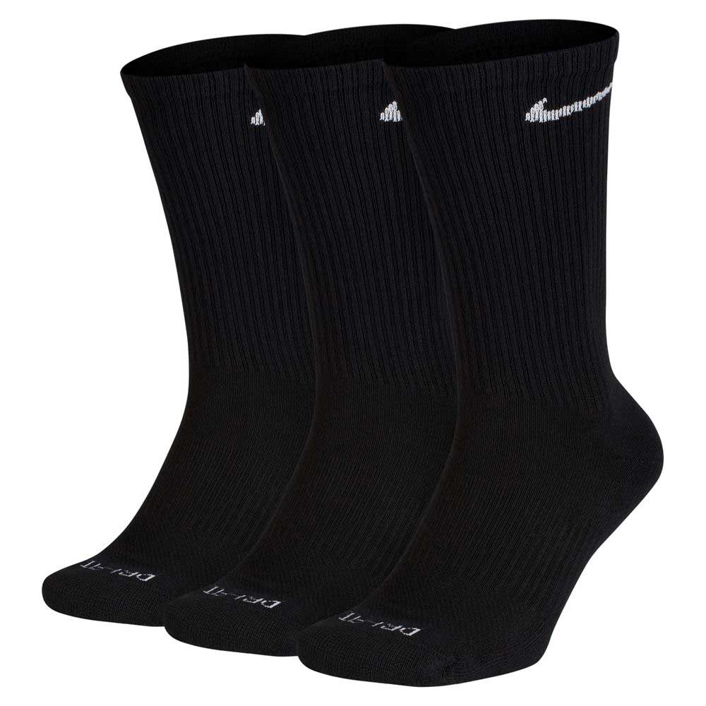 Three pairs of Nike SB Black Crew Socks (3 Pack, SX6888010) with white Swoosh near the top and DRI-FIT text on the toe, shown side by side. These socks feature moisture-wicking Dri-FIT technology for comfort.